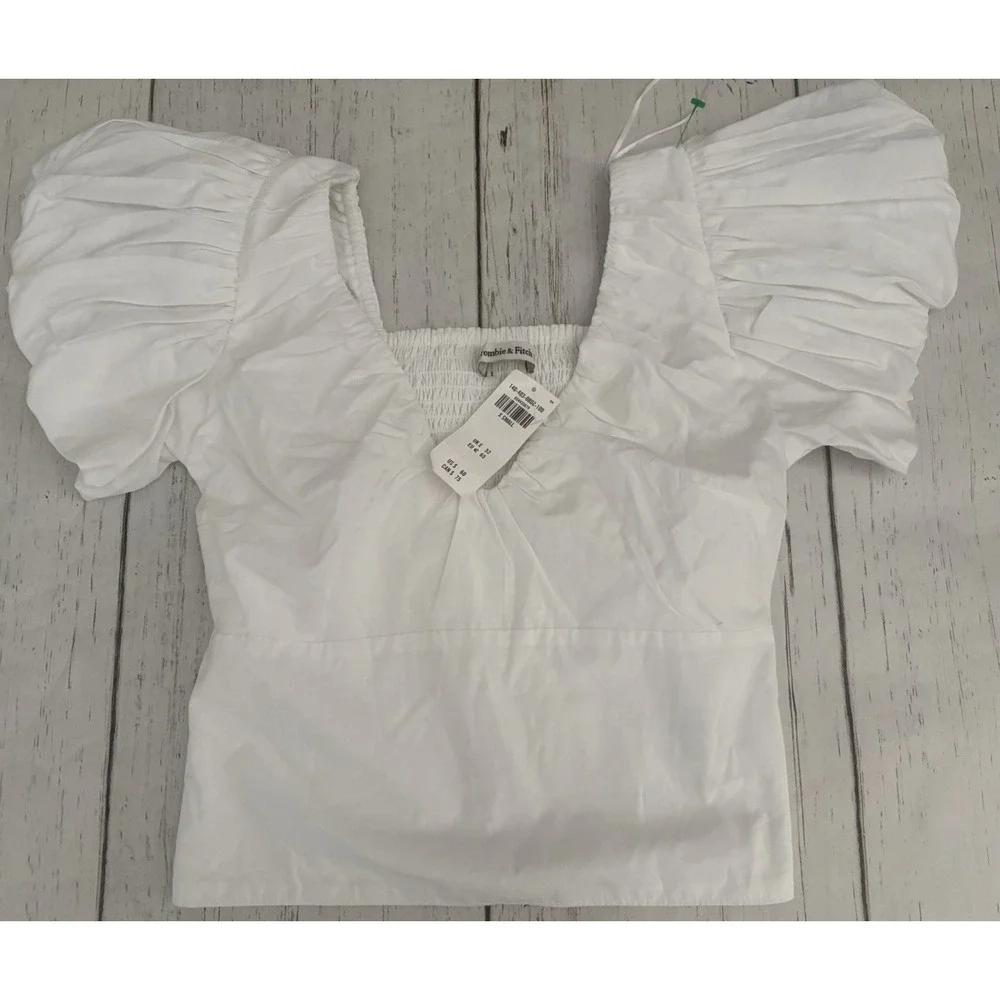 Abercrombie & Fitch‎ White Puff Sleeve Cropped V-Neck Ruched Blouse XS